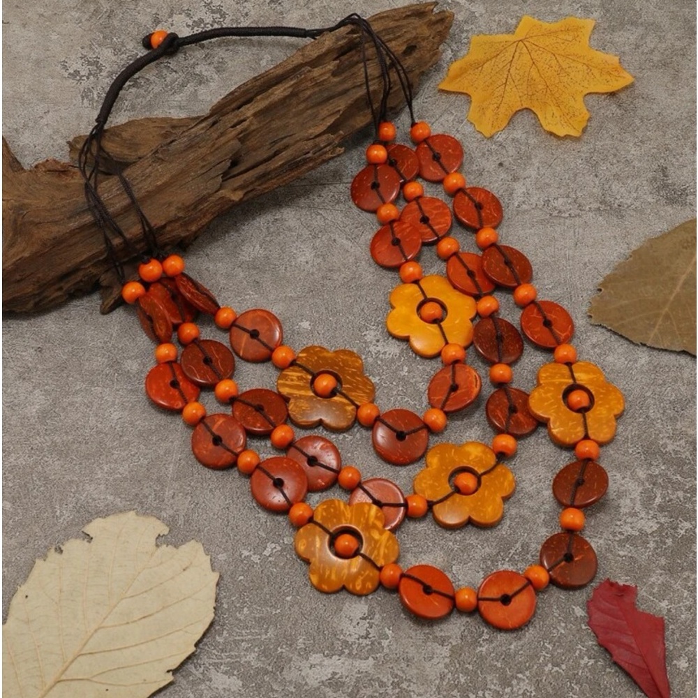 New Artisan Autumn Brown& Orange Wooden Bead Floral Decor Statement Necklace - Picture 2 of 9